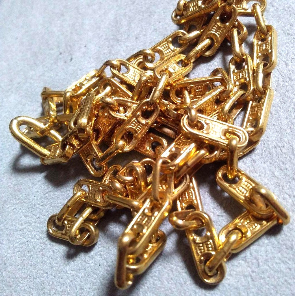 CELINE Triomphe Macadam Chain Necklace Long Gold Tone Vintage Authentic 36.2in