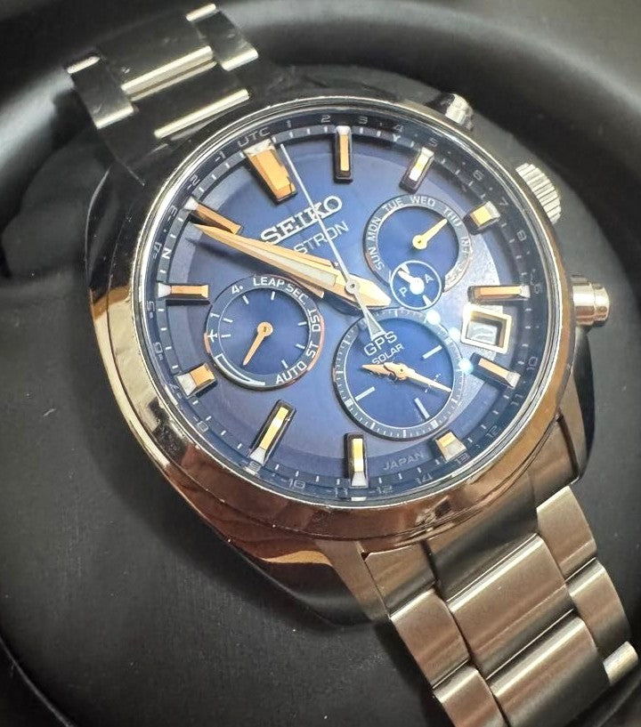 Seiko Astron SBXC049 5X53 GPS Solar Watch Blue Dial Gold Indices Made Japan Used