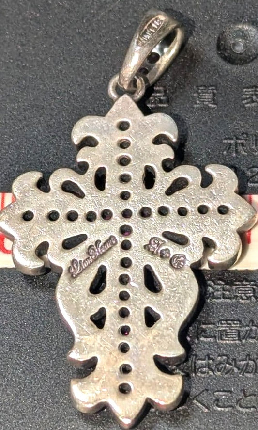 A&G Ruby Cross Pendant Top Silver Gothic Fleur Vintage Pink Stones Rare Japan