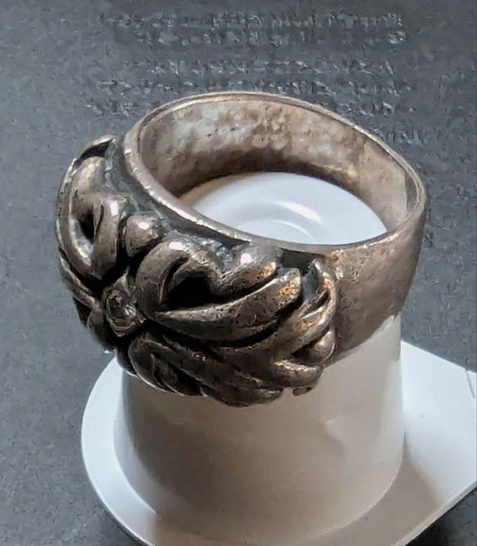 A&G Vintage Silver Ring Floral Repousse Band with Stone Rare US10.5-11 EUR62-63