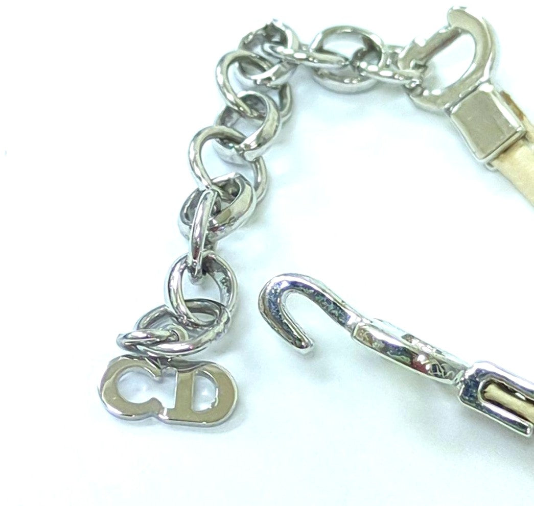 Christian Dior CD Ribbon Choker Necklace Off White Leather Silver Charm Vintage