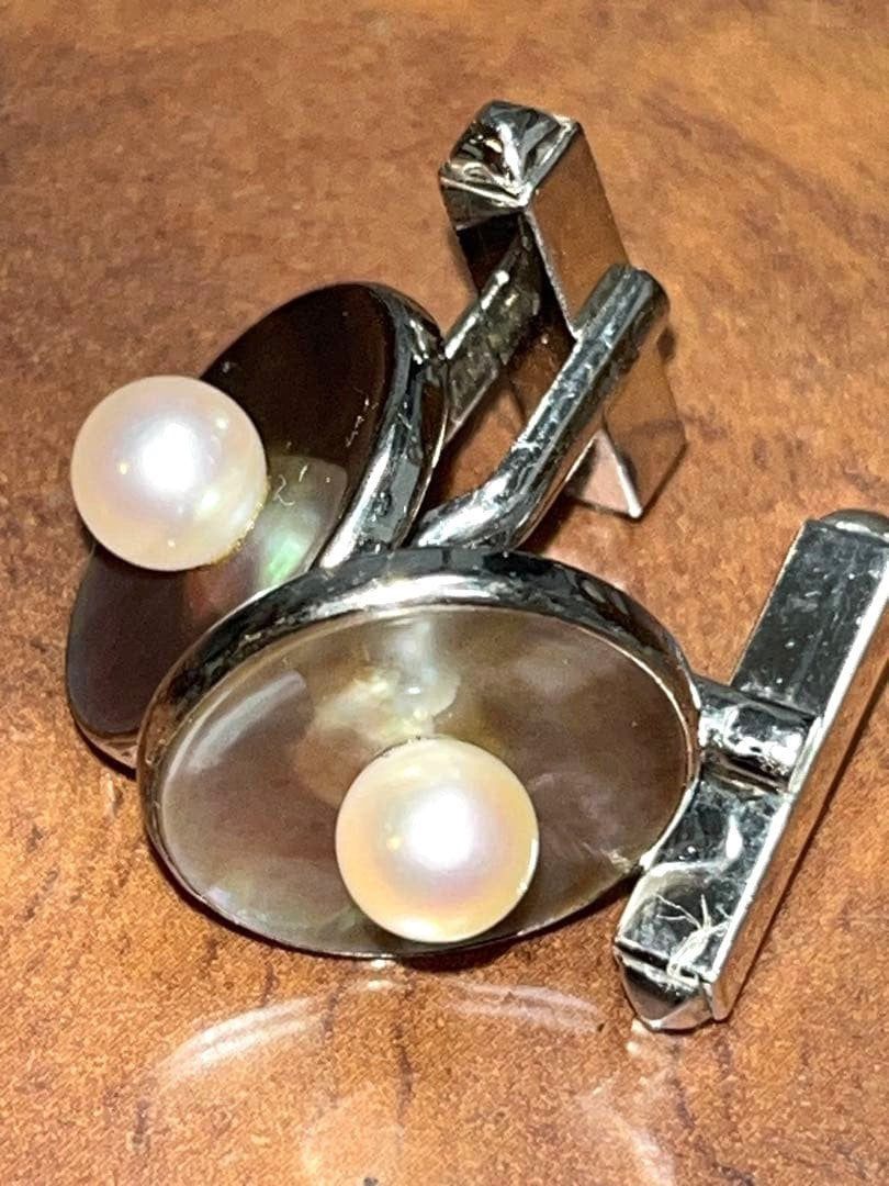 MIKIMOTO Mother of Pearl Akoya Pearl Cufflinks Silver 925 0.6in Men Authentic