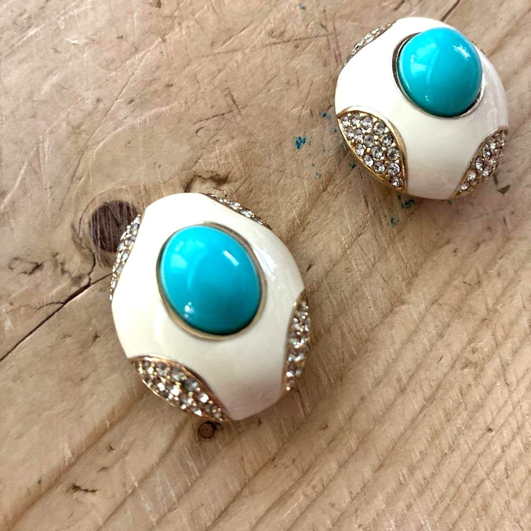 CINER Vintage Clip-On Earrings Turquoise Cabochon Cream Enamel Crystal Gold Tone