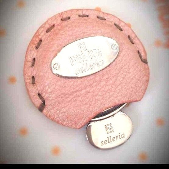 FENDI Selleria Compact Mirror Keychain Pink Leather Silver Hardware Authentic