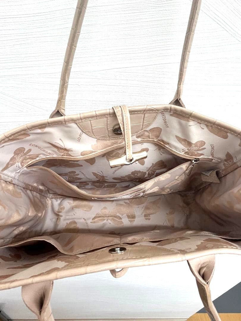LONGCHAMP Roseau Tote Bag Beige Embossed Leather Shoulder Handbag 13.8x10.2x4.3"
