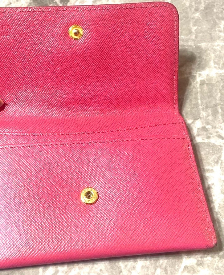 PRADA Milano Saffiano Leather Card Case Wallet Pink Gold HW Italy Authentic Used