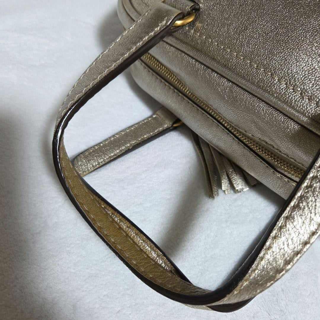 Auth LOEWE Madrid Anagram Tassel Leather Mini Boston Bag Champagne Gold Vintage