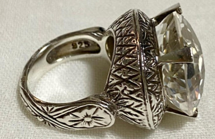 Stephen Dweck Sterling Silver 925 Ring Clear Natural Stone Filigree Size US5.5-6