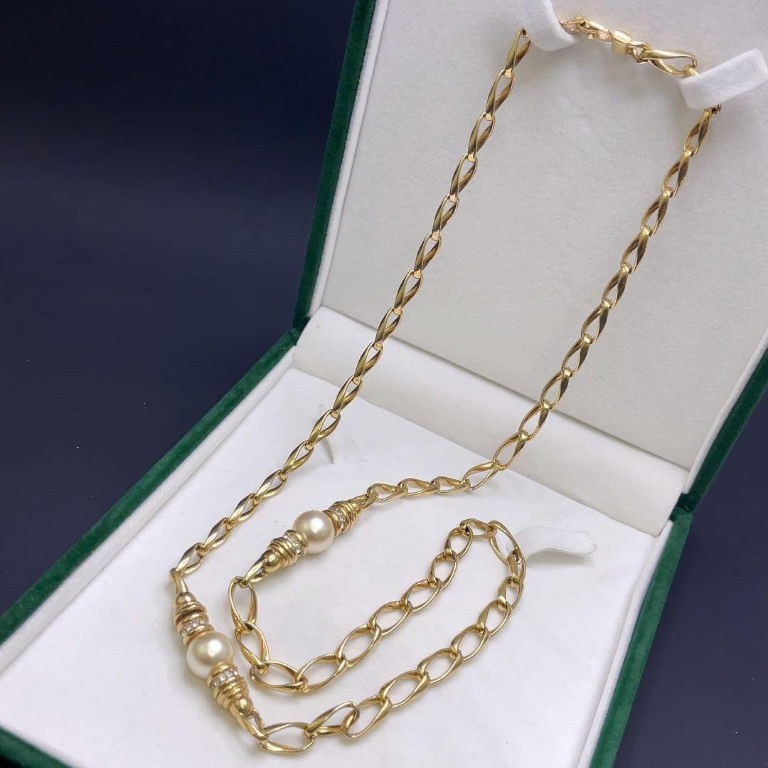 Vintage Christian Dior Gold Plated Faux Pearls Rhinestone Long Chain Necklace