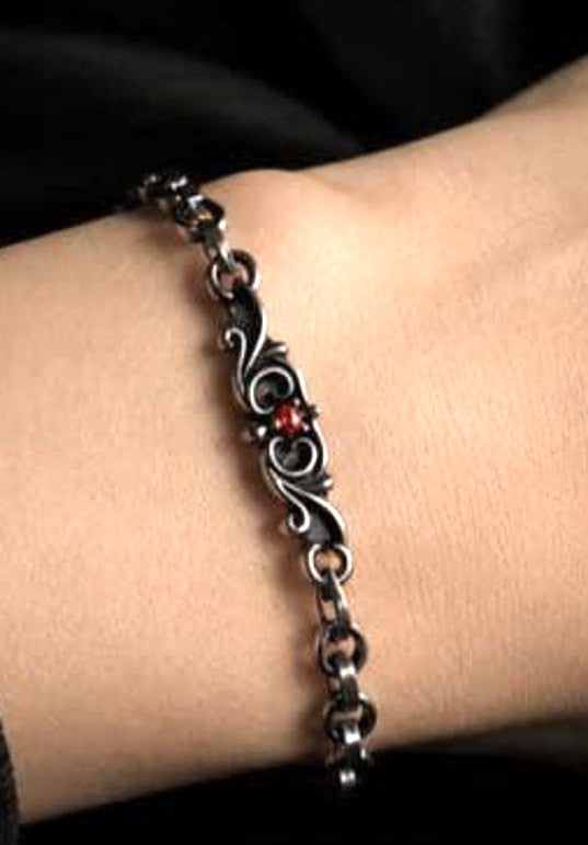 DEAL DESIGN 925 Sterling Silver Chain Bracelet Red Stone Scrollwork Used Japan