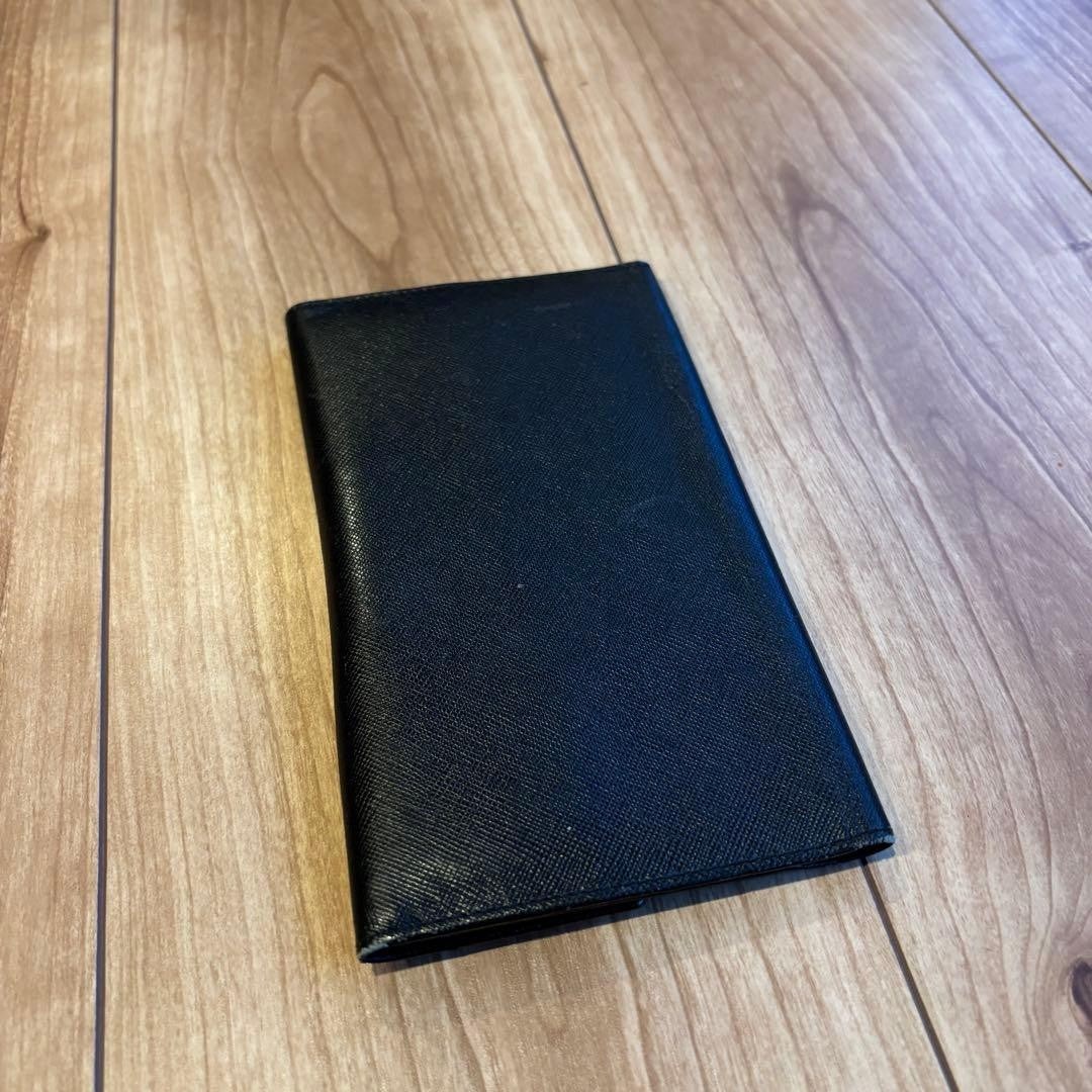 PRADA Saffiano Leather Notebook Cover Planner Case Black Gold HW 10.5x18cm