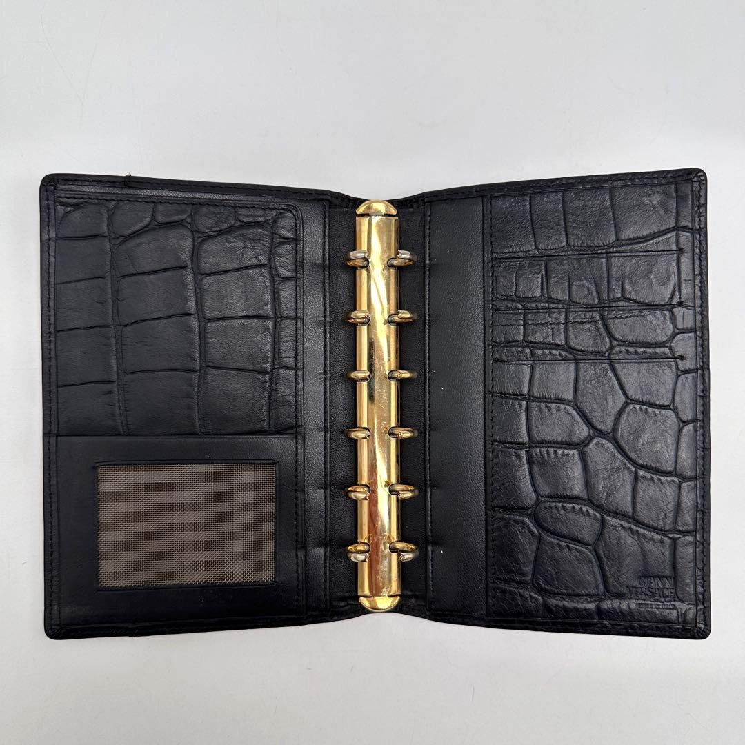 GIANNI VERSACE Medusa Agenda Notebook Cover Black Embossed Leather Gold HW