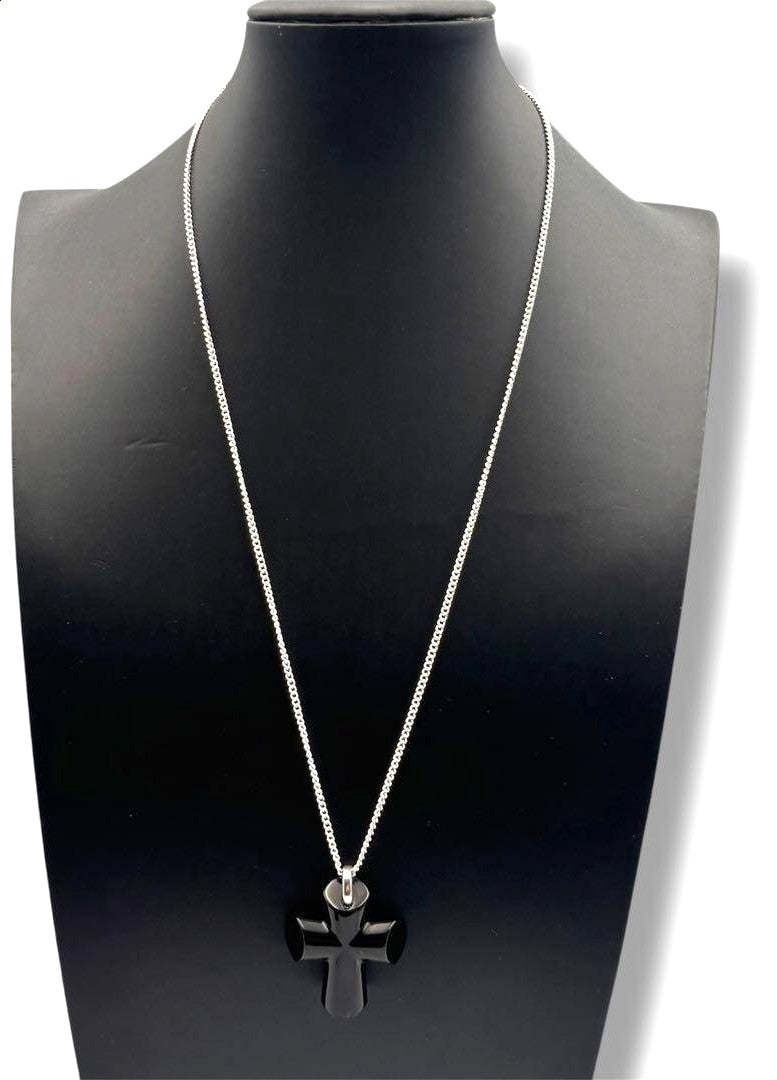Baccarat Cross Necklace SV925 Silver Chain Black Crystal Pendant Unisex