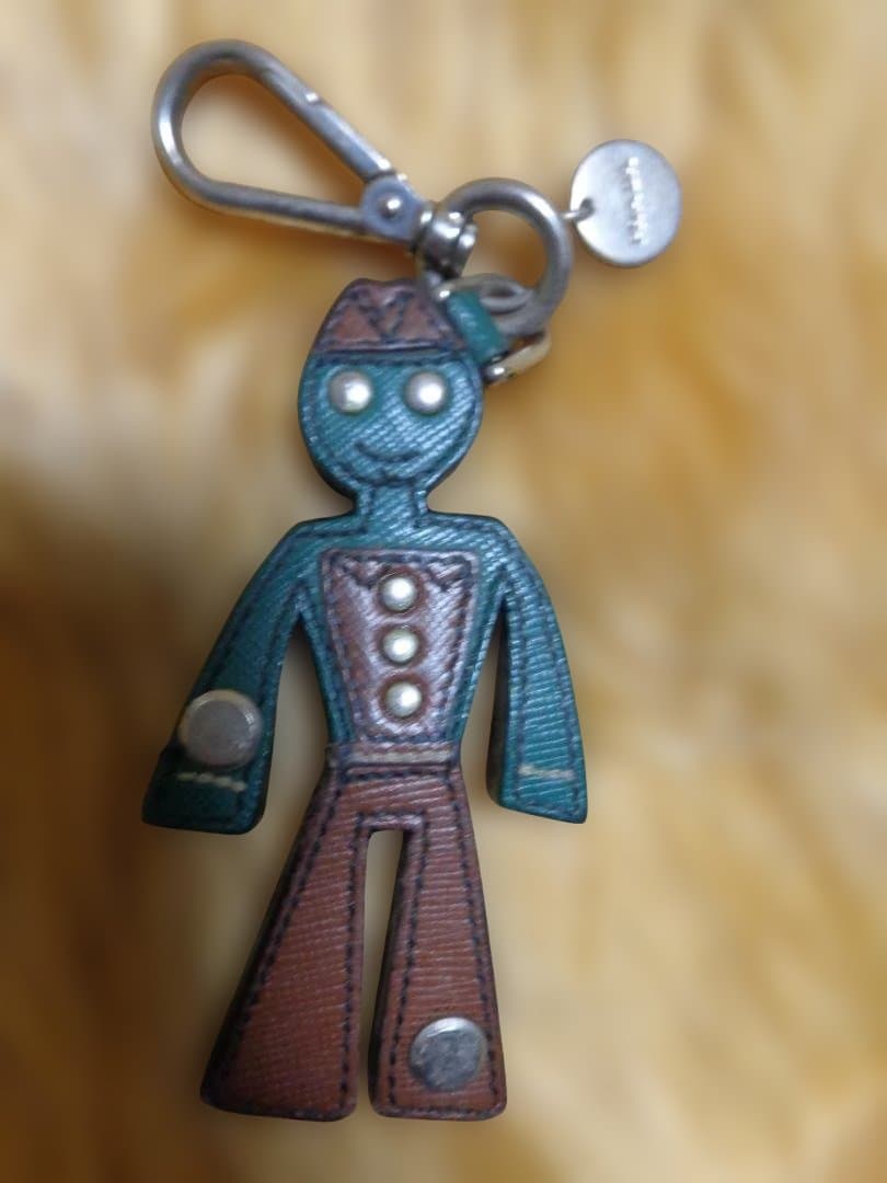 PRADA Blue Brown Saffiano Leather Humanoid Robot Bag Charm Key Ring L 8cm 3.1in