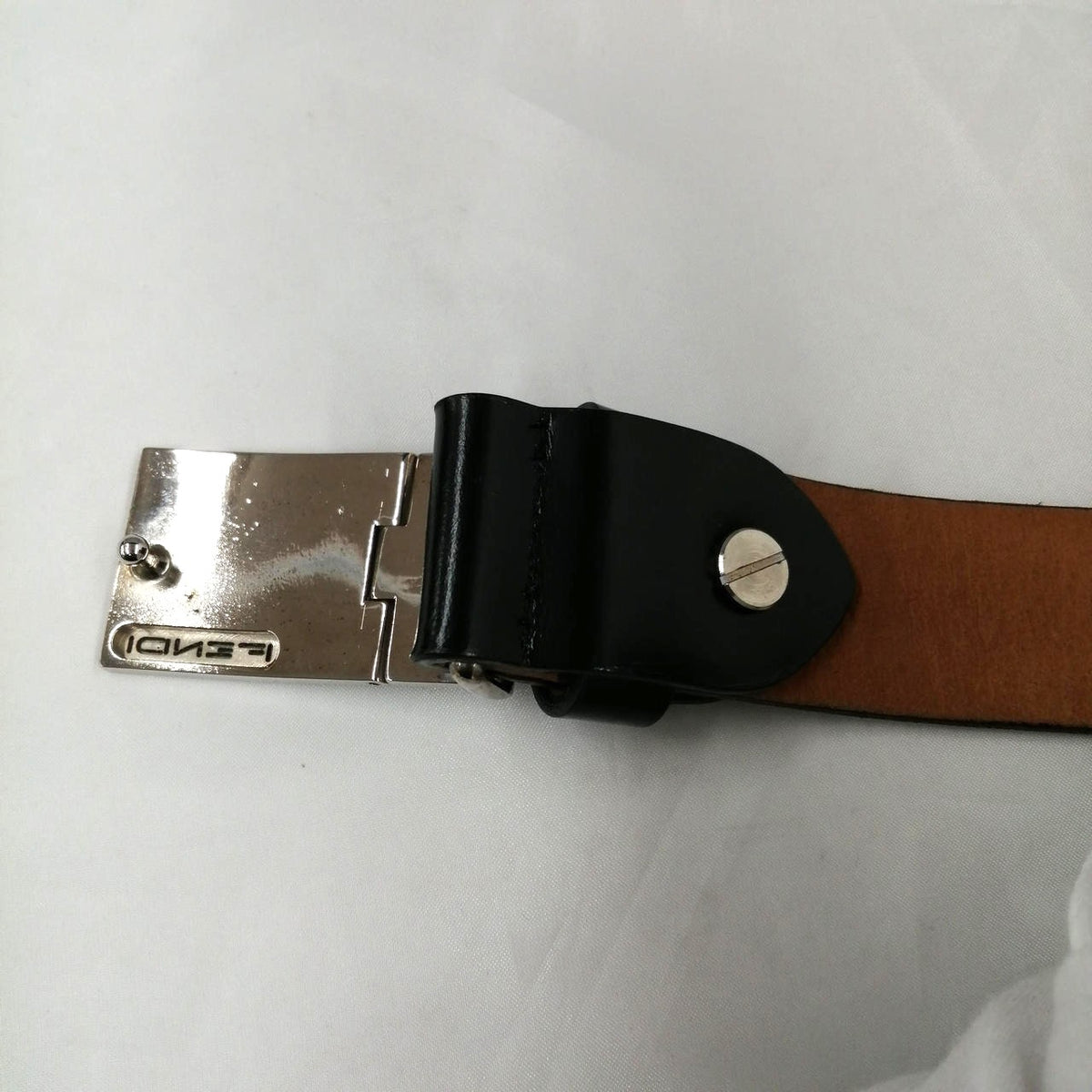 FENDI Zucca Logo Buckle Leather Belt Black Silver Hardware Mens 86cm 33.9in
