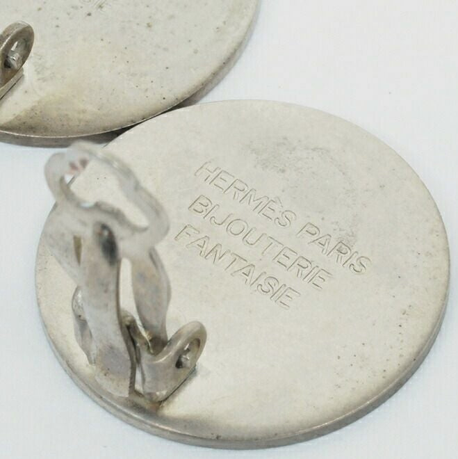 Hermes Serie Clip-On Earrings Silver Color Metal Round Coin Authentic Paris Used