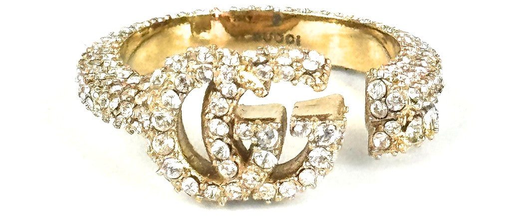 GUCCI GG Marmont Ring Rhinestone Pave Gold Tone Open Band Size US7 EUR53 Used