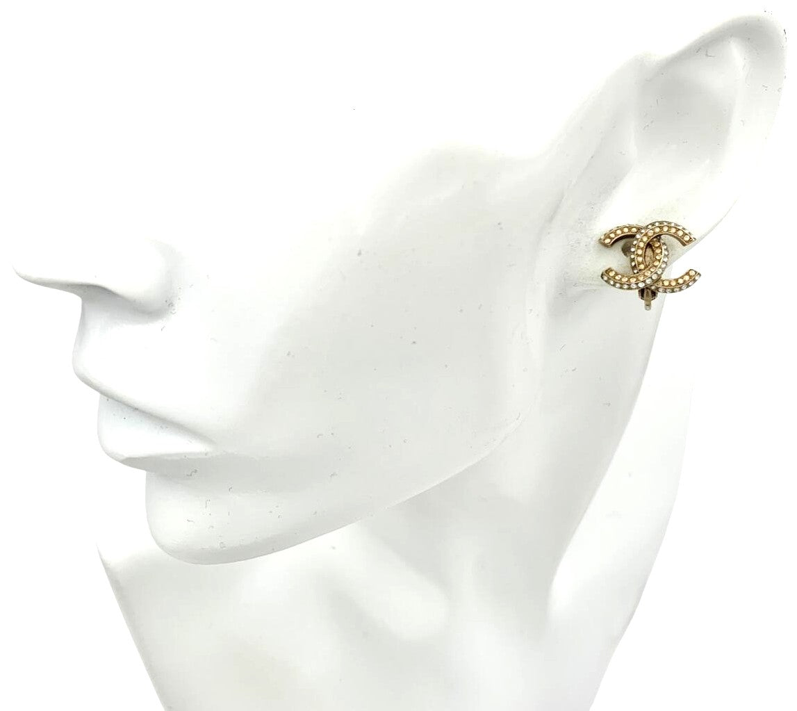 CHANEL CC Logo Earrings 11P Crystal Rhinestone Double Row Gold Tone Authentic