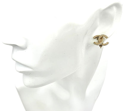 CHANEL CC Logo Earrings 11P Crystal Rhinestone Double Row Gold Tone Authentic