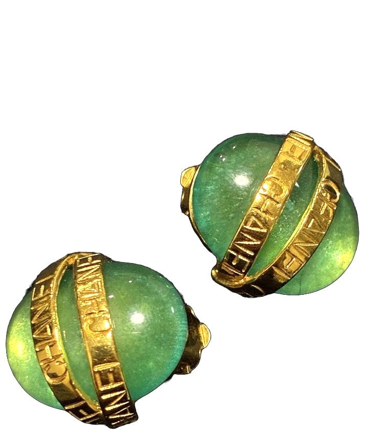CHANEL Vintage Clip-On Earrings Green Gold Logo Ring Resin Authentic Used