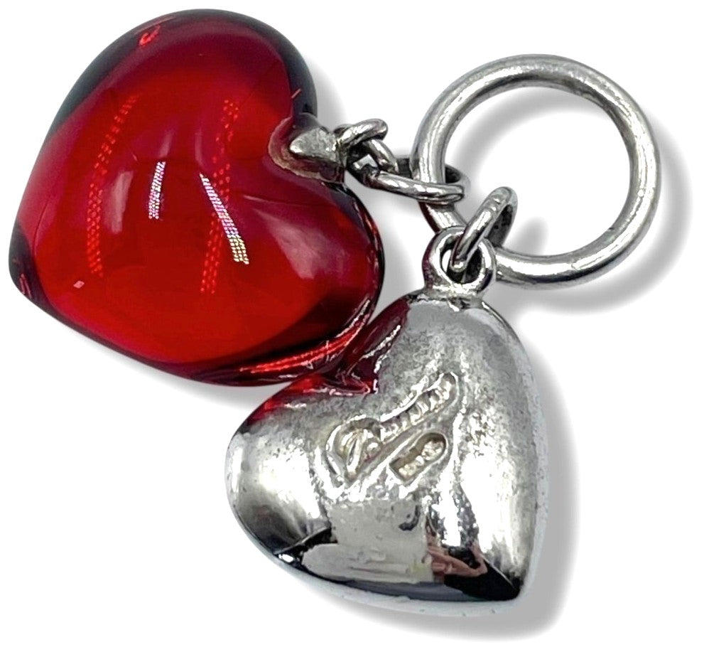 BACCARAT Double Heart Pendant Top Silver 925 Red Crystal Charm Vintage Jewelry