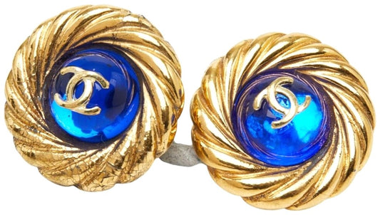 CHANEL CC Logo Gripoix Vintage Round Clip Earrings Gold Blue Glass France