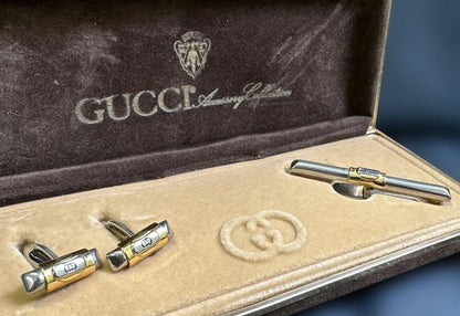 Gucci Accessory Collection Interlocking G Cufflinks Tie Bar Set Gold Silver