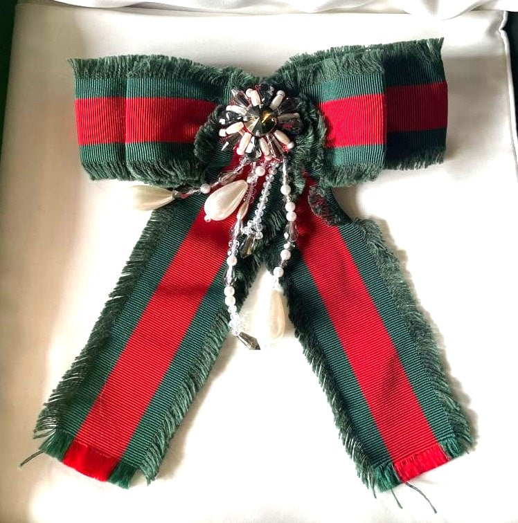 GUCCI Web Ribbon Bow Brooch Pin Green Red Stripe Silver Crystal Pearl Authentic