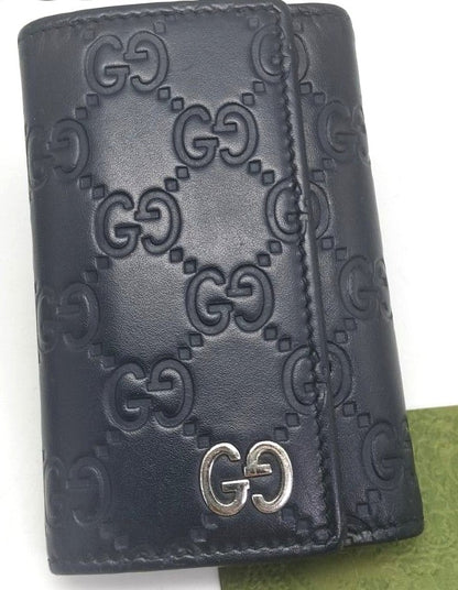 GUCCI Guccissima Key Case Holder 6-Ring Navy Blue Leather GG Logo Authentic
