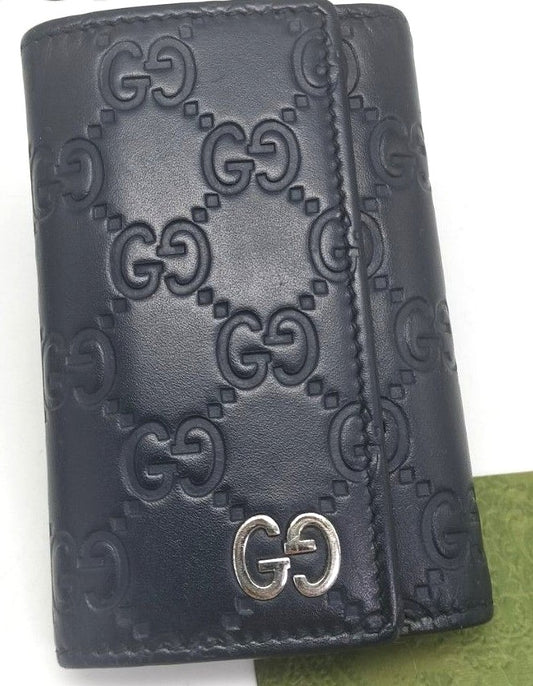 GUCCI Guccissima Key Case Holder 6-Ring Navy Blue Leather GG Logo Authentic