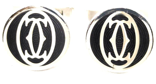 Cartier Double C Logo Cufflinks Silver 925 Black Enamel w/Box Authentic Japan