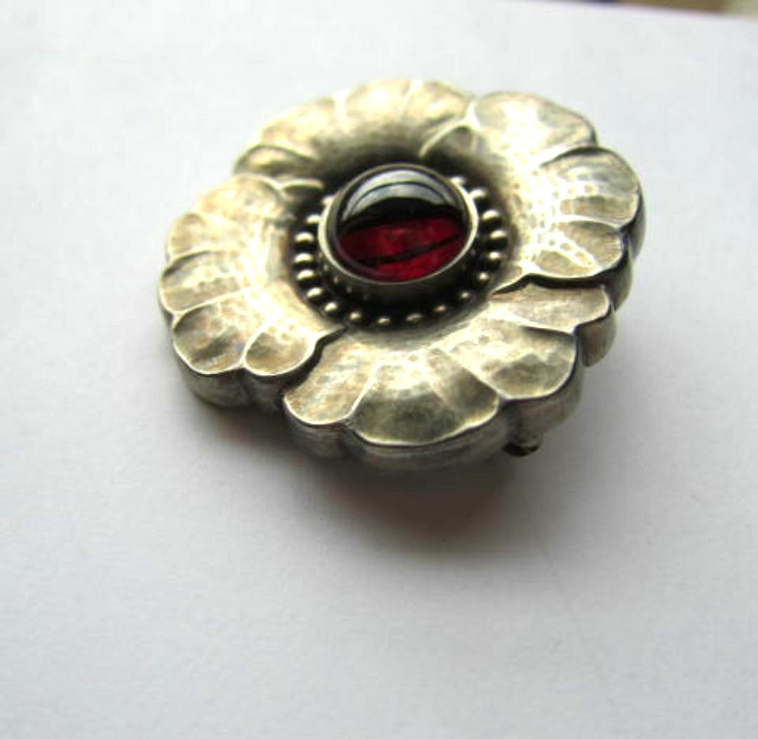 Georg Jensen Brooch #189 Art Nouveau Sterling Silver Garnet Cabochon Denmark VTG