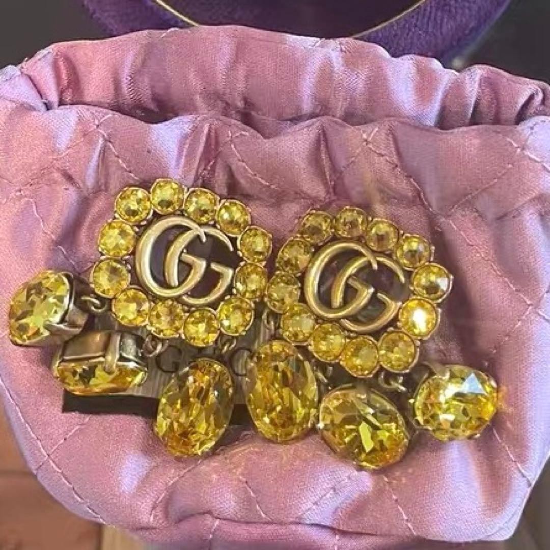GUCCI Double G Crystal Drop Earrings Yellow Brass Vintage Style Authentic MInt