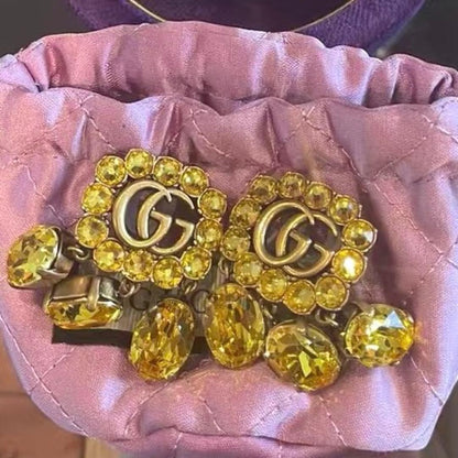 GUCCI Double G Crystal Drop Earrings Yellow Brass Vintage Style Authentic MInt