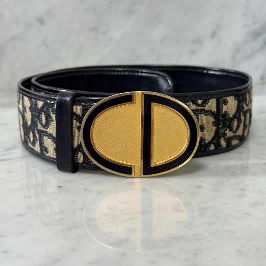 Christian Dior Trotter Oblique Monogram Canvas Leather Navy Belt Vintage Rare