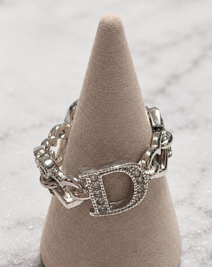 Christian Dior Silver Tone Metal Rhinestone Chain Ring Size 52 US 6