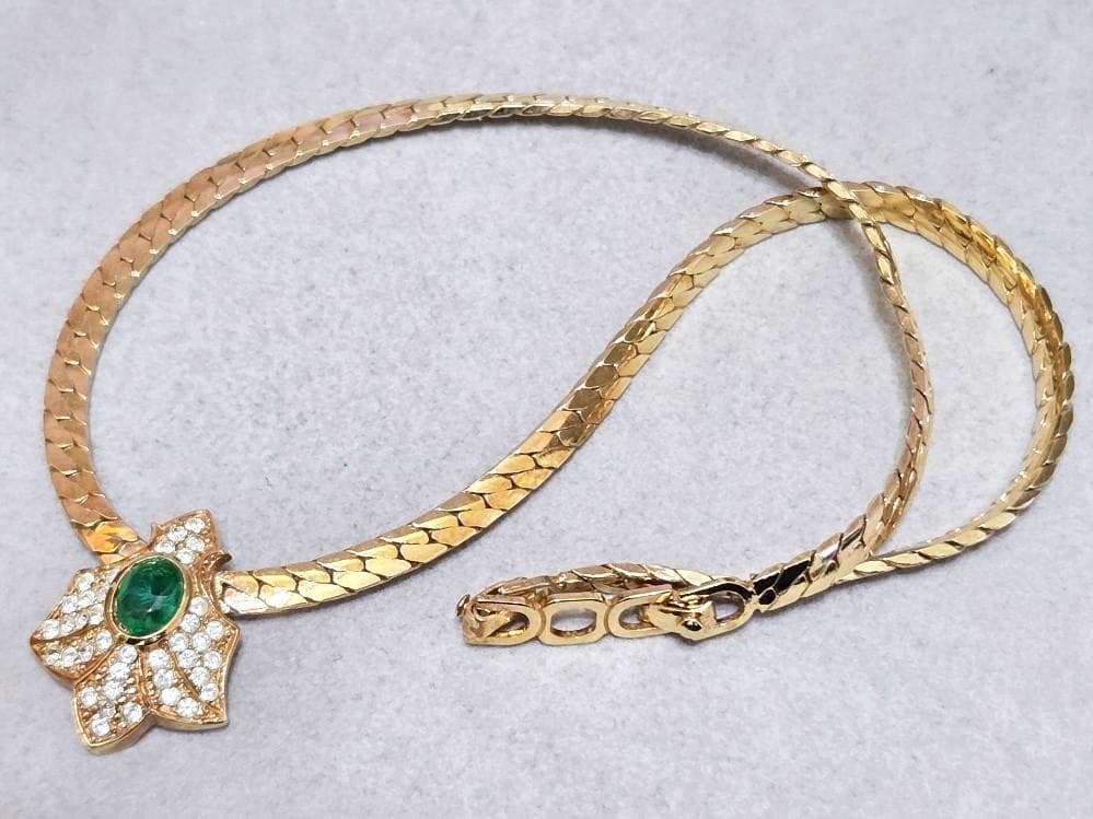 Dior Authentic Rhinestone Green Stone Necklace 41cm 16.1" Chain Gold Tone Great!