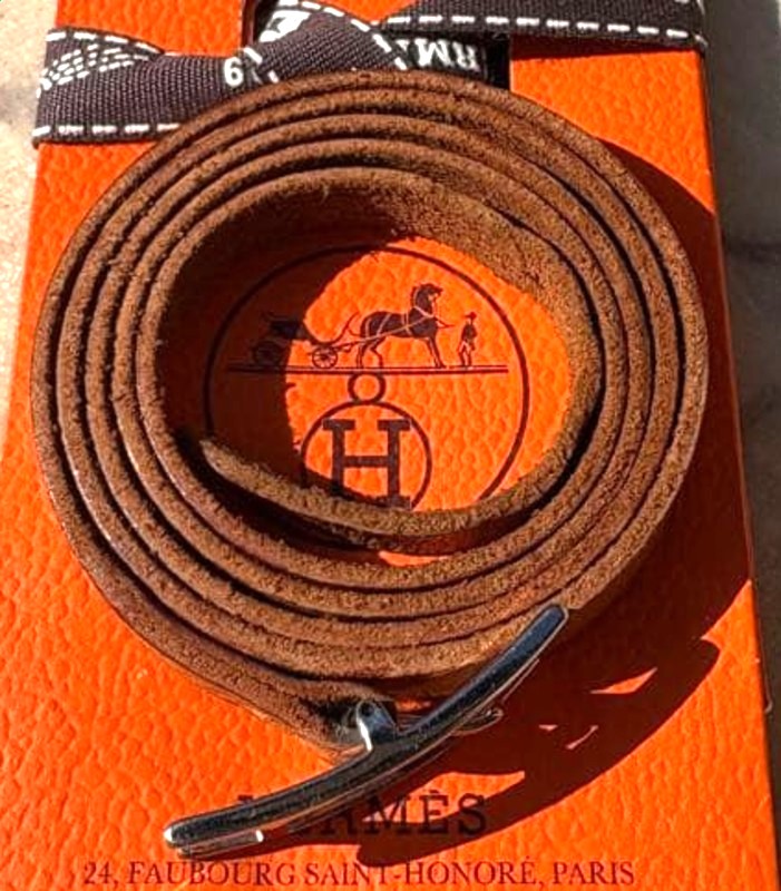 Hermes Api 3 Long Wrap Bracelet Choker Brown Leather Silver H Buckle 28.7in Used