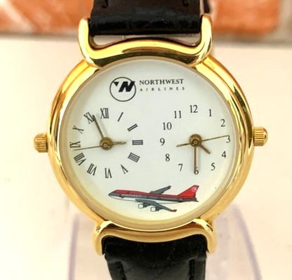 Northwest Airlines Commemorative Quartz Watch Gold Black Airplane Dial Mens Used