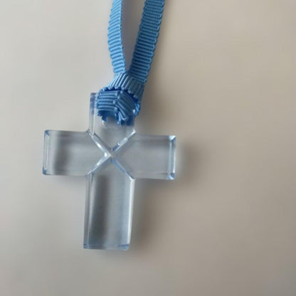 Baccarat Crystal Cross Pendant Necklace Clear Blue Ribbon Cord Charm Jewelry
