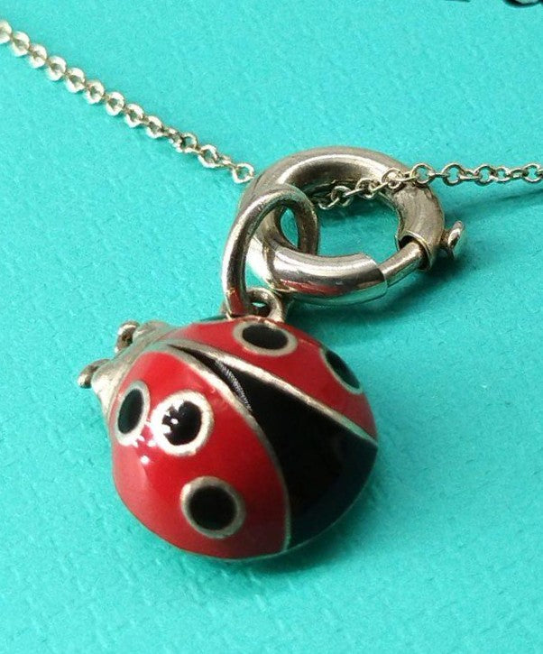 Rare Tiffany & Co Sterling Silver 925 Red Enamel Ladybug Necklace Pendant 40cm