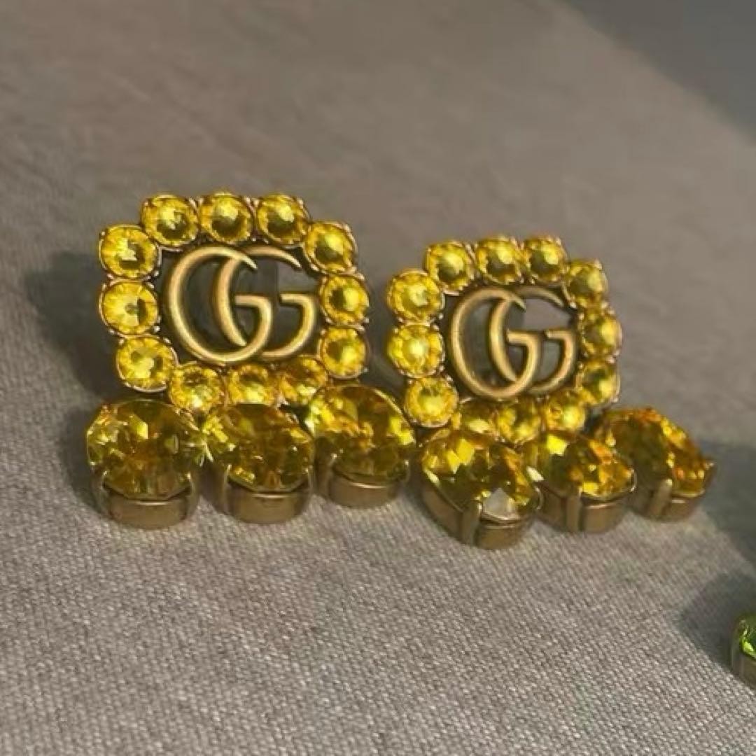 GUCCI Double G Crystal Drop Earrings Yellow Brass Vintage Style Authentic MInt