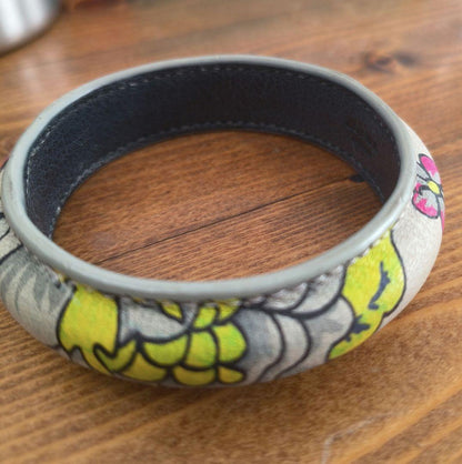 Loewe Floral Botanical Print Leather Bangle Bracelet Multicolor Gray Trim