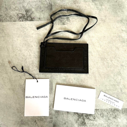 BALENCIAGA Black Leather Mirror Card Case ID Holder Neck Strap Lanyard Authentic