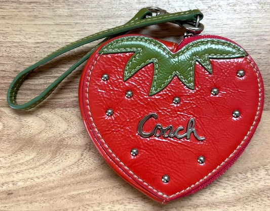 Vintage COACH Strawberry Coin Case Purse Charm Red Patent Leather Heart Shape