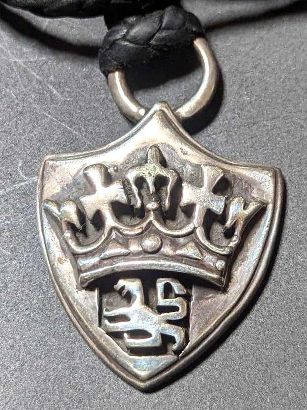 A&G Lion Heart Silver 925 Shield Choker Necklace Crown Braided Leather 19.7in