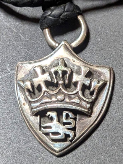 A&G Lion Heart Silver 925 Shield Choker Necklace Crown Braided Leather 19.7in