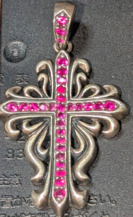 A&G Ruby Cross Pendant Top Silver Gothic Fleur Vintage Pink Stones Rare Japan