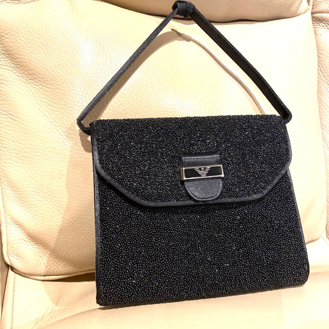 Emporio Armani Black Glitter Satin Mini Evening Bag Handbag Silver HW 5.5x5.5in