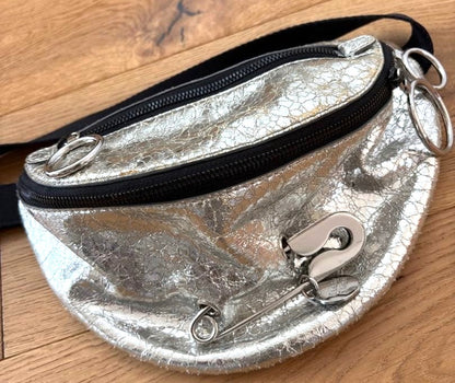 SEE BY CHLOE Belt Bag Fanny Pack Silver Crinkle Leather Safety Pin HW 11x5.9in.